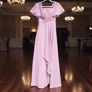 NWT Dusty Rose Short Sleeve Flowy Chiffon Ruffle Maxi Side Slit Bridesmaid Dress